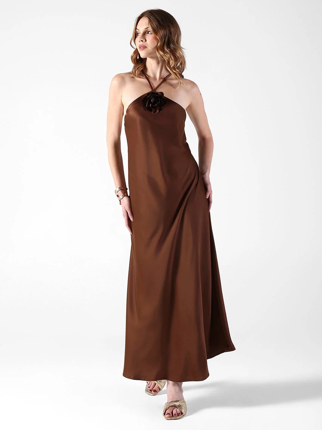 Women's Brown Tie-Up Neck Maxi Dress with Floral Applique Detail